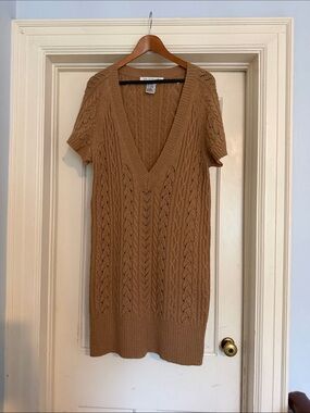 Diane Von Furstenberg Camel Brown Cable Knit V-Neck Short Sleeve Dress
